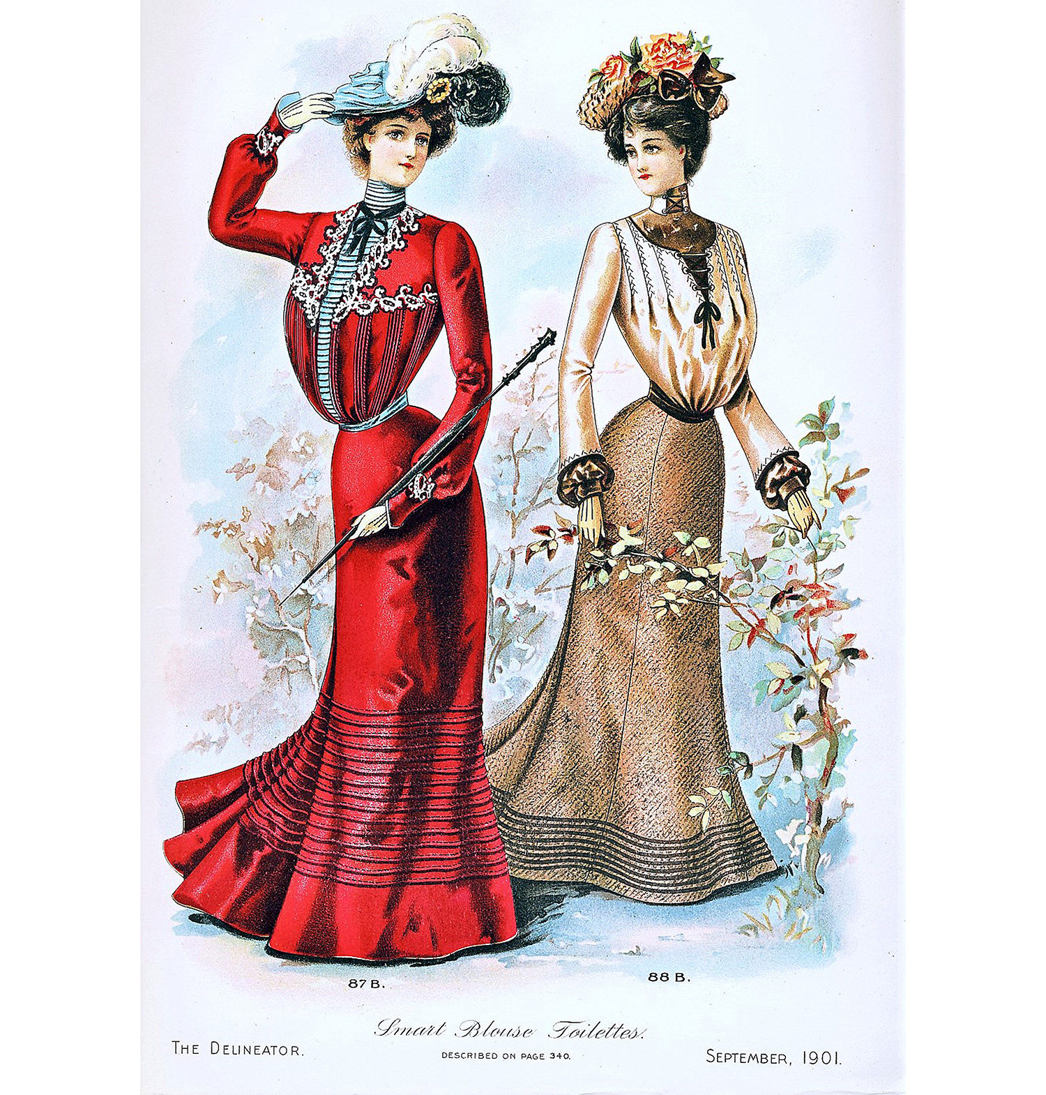 Två vackra tecknade klänningar av äldre typ, burna av damer i hattar, illustration.. 