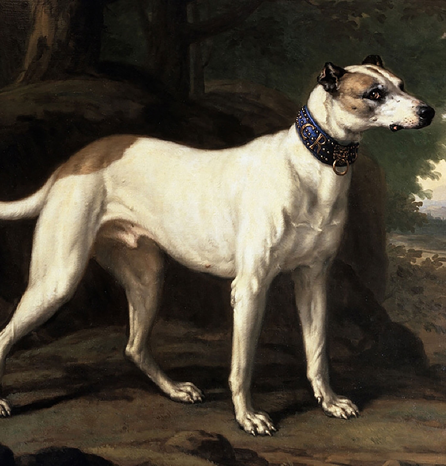 En oljemålning av en vit hund