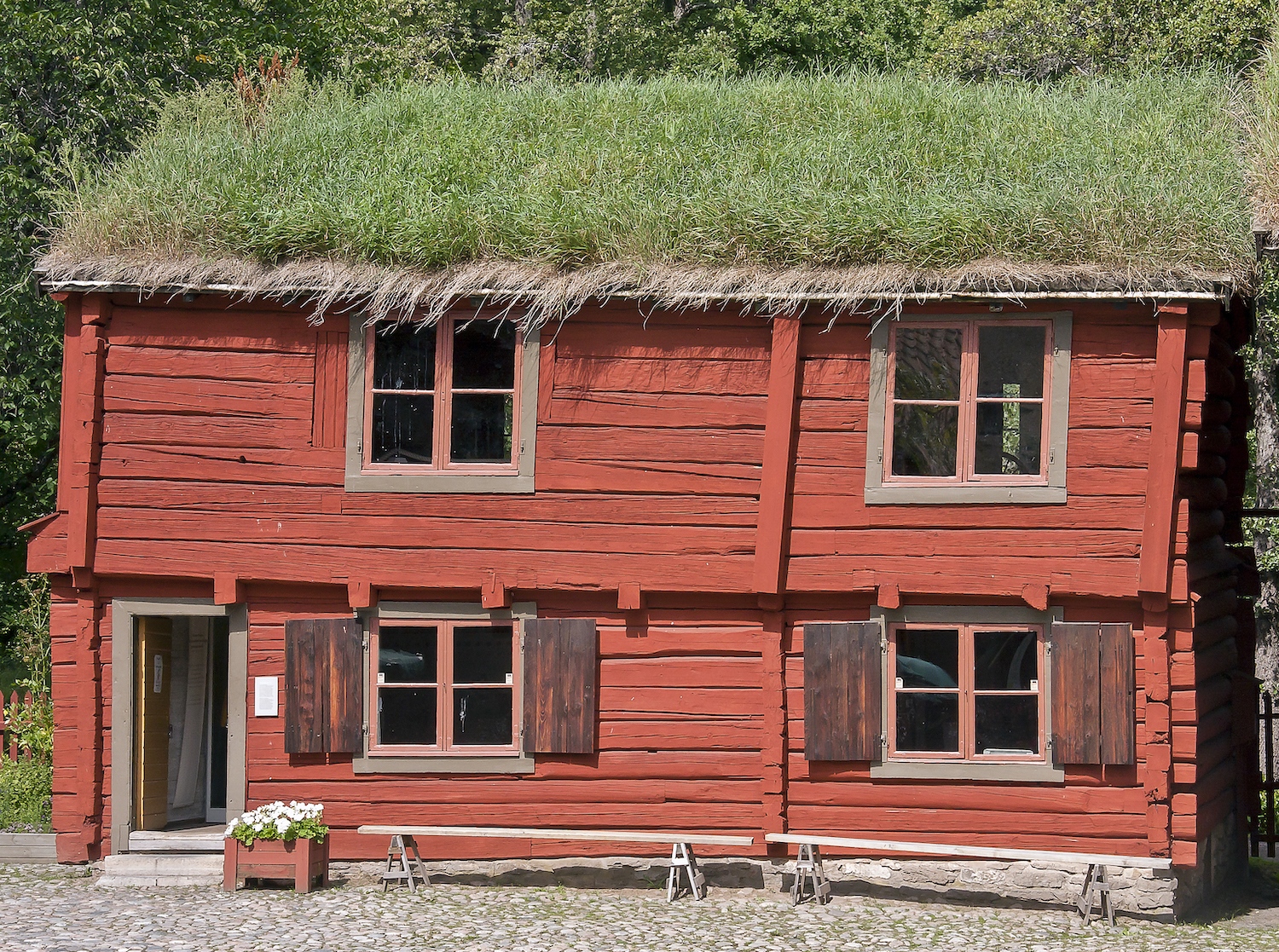 Rött hus med gräsbevuxet tak.