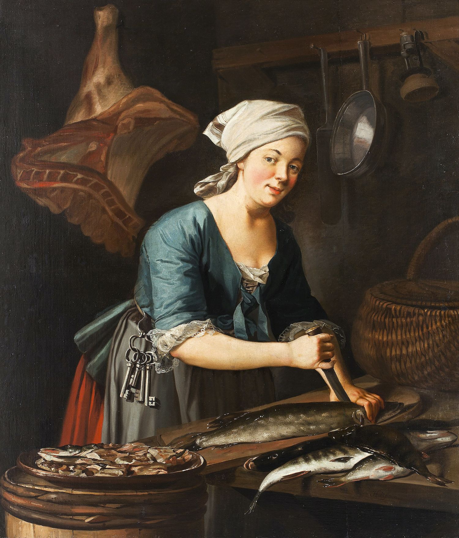 Kvinna på 1700-talet rensar fisk.